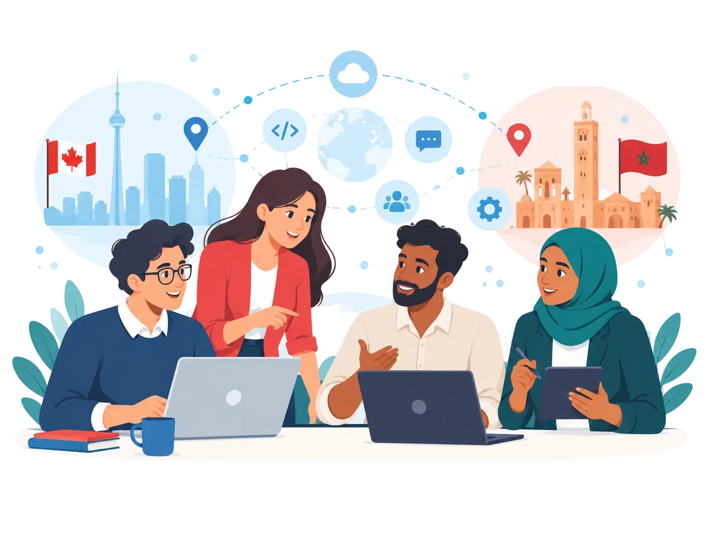 Une équipe Tech entre Montréal et le Maroc travaille ensemble autour d'ordinateurs portables.